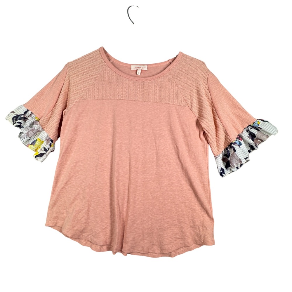 Haley & Co Shirt Orange Floral Ruffle Sleeve Top Blouse Boho Feminine Size Small